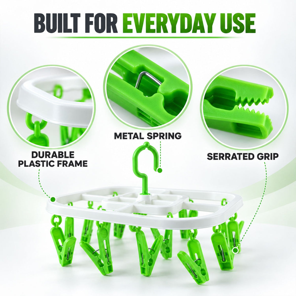 Detailed view of the drying rack, emphasizing its durable plastic frame, metal spring, and serrated grip.