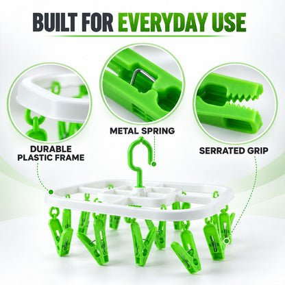 Detailed view of the drying rack, emphasizing its durable plastic frame, metal spring, and serrated grip.
