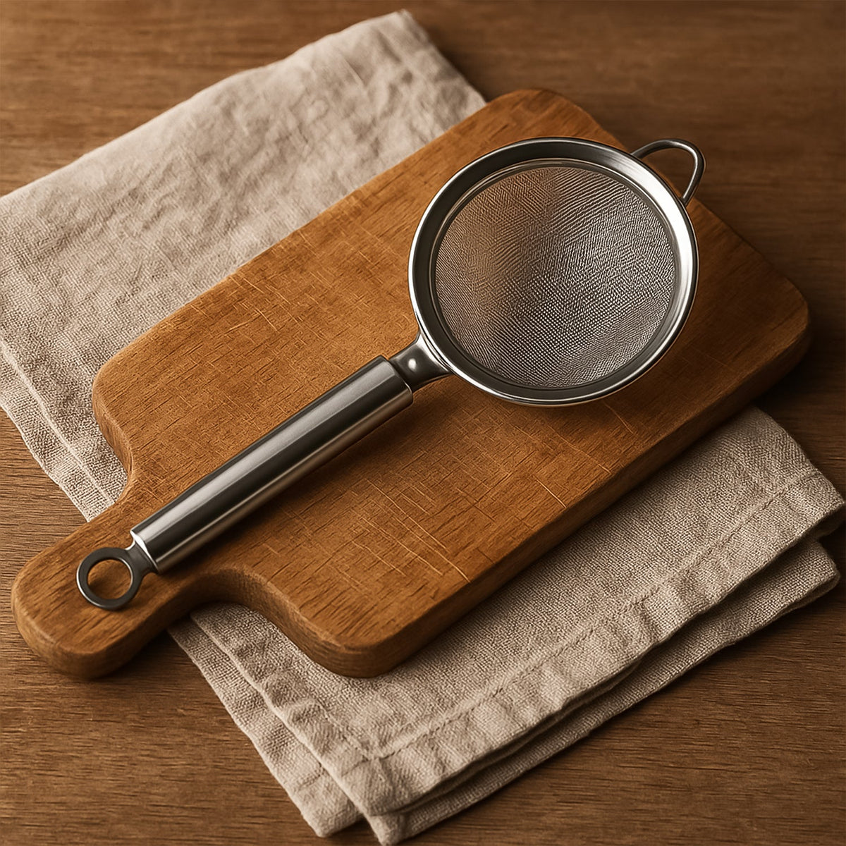 A stainless steel fine mesh strainer rests on a small wooden cutting board and a beige linen napkin, all on a wooden table.