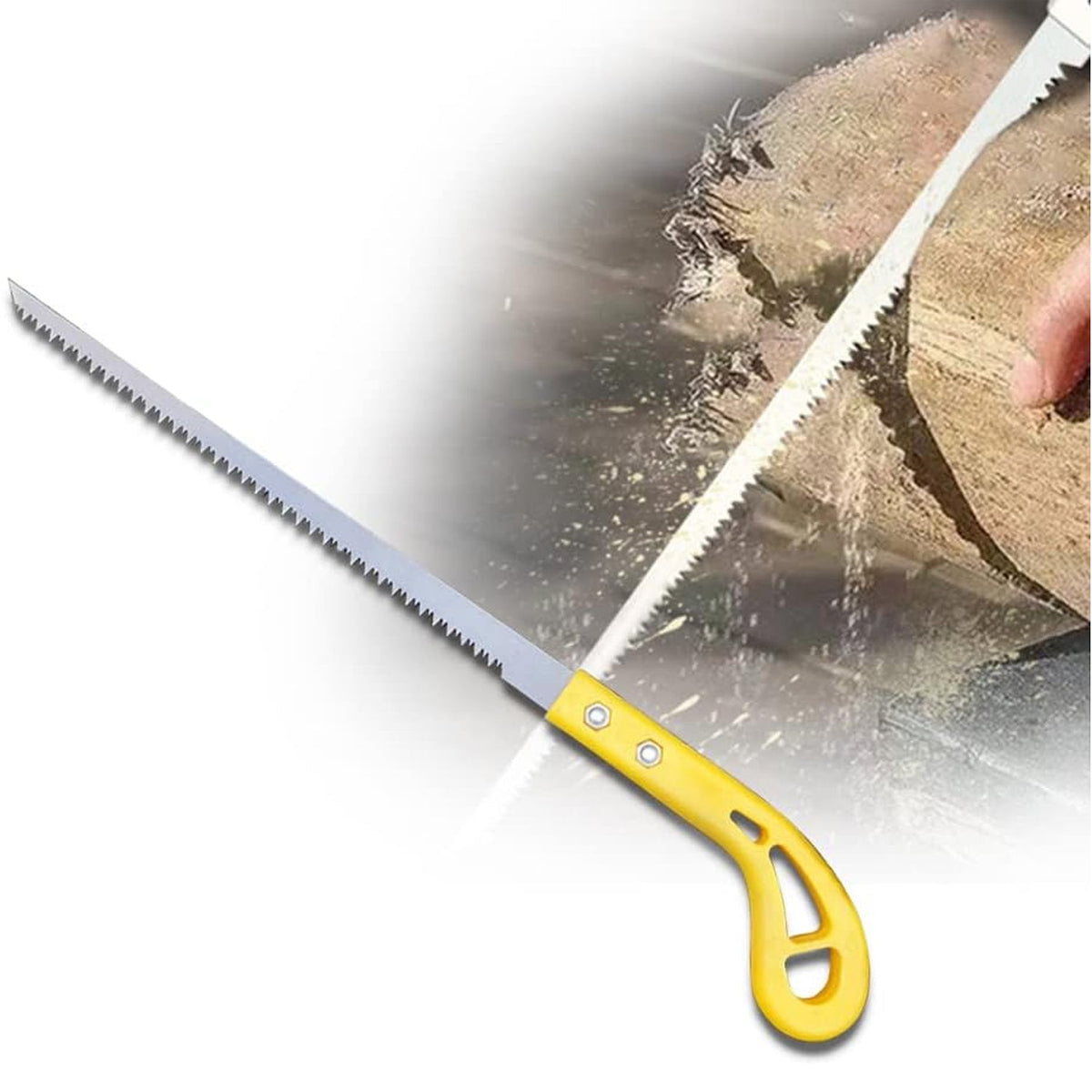 A yellow-handled pruning saw is shown with a blurred background of it cutting wood.