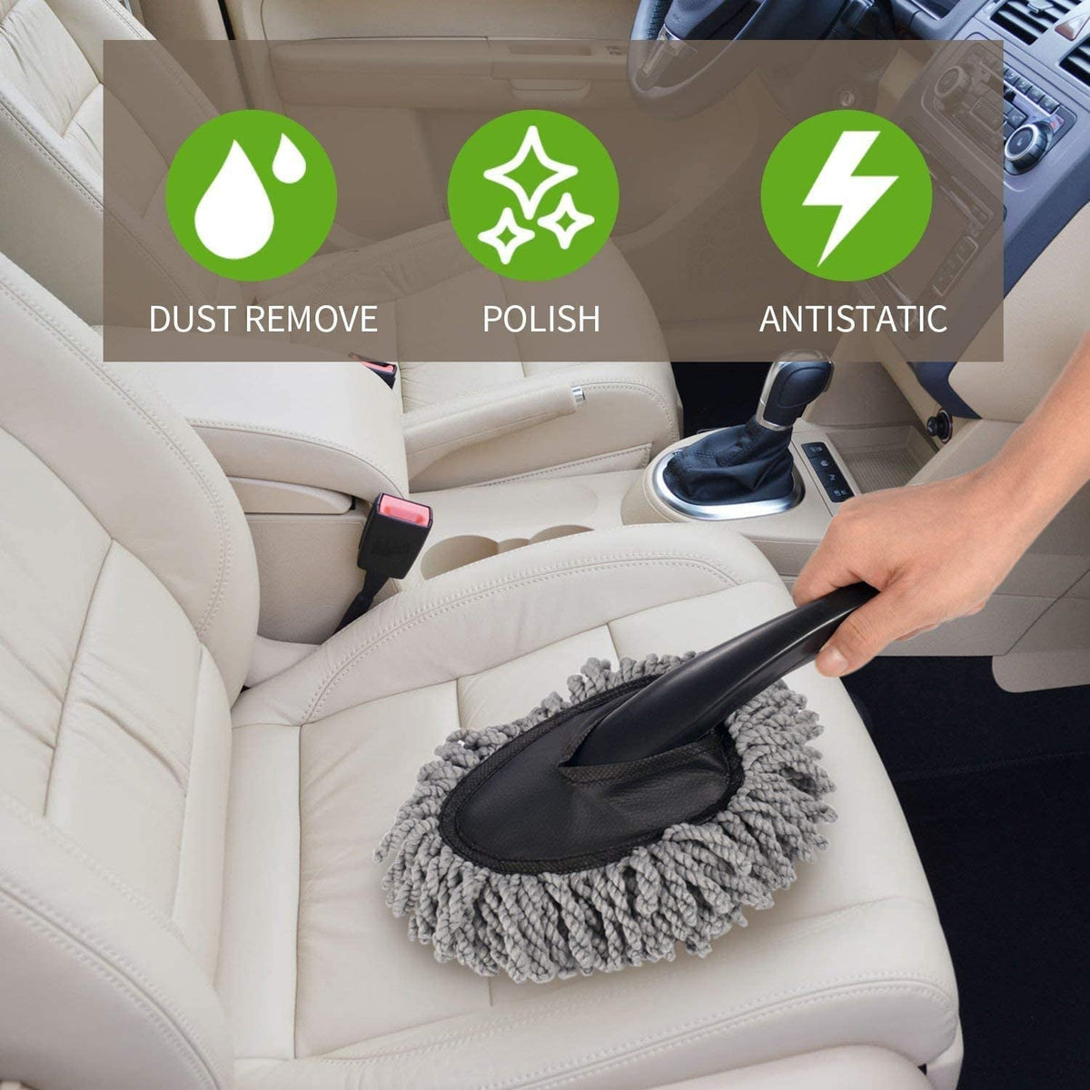 A gray microfiber duster with a black handle cleaning a light-colored car seat, with icons for dust removal, polish, and