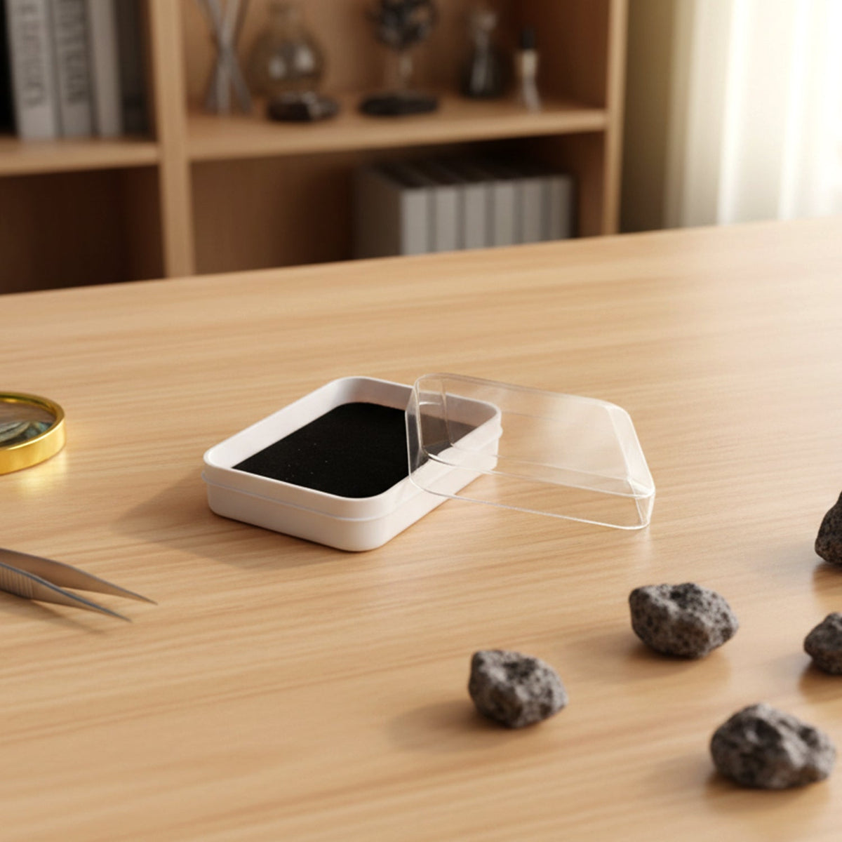 An open clear-lidded white jewellery box with a black insert on a light wooden table, surrounded by small rocks and tweezers.