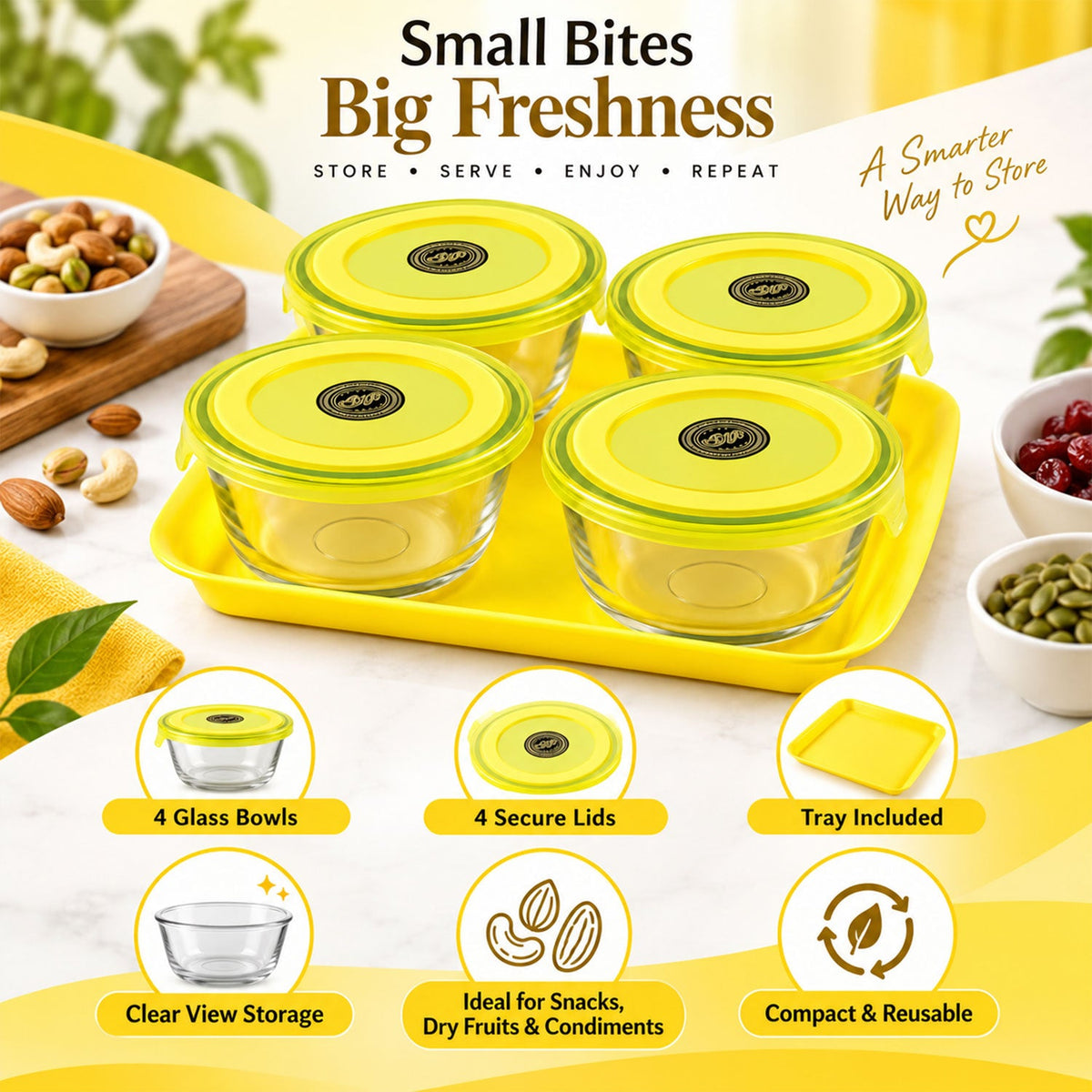 Four glass bowls with yellow lids on a tray, surrounded by various nuts and dried fruit.