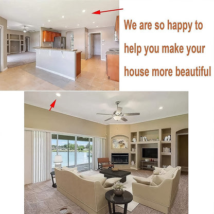 Two interior home scenes with text overlay, showing a kitchen and a living room with recessed lighting.