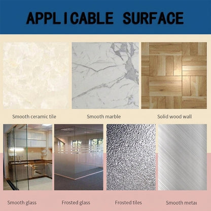 A grid displaying various applicable surfaces for the holder, including ceramic tile, marble, wood, glass, and metal.