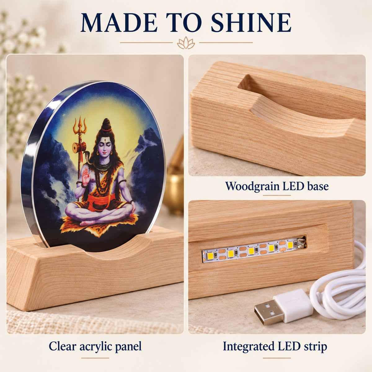 Collage showing the Shiva acrylic panel, the top of the woodgrain LED base, and the integrated LED strip with USB cable.