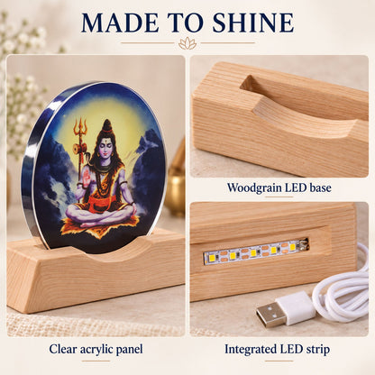Collage showing the Shiva acrylic panel, the top of the woodgrain LED base, and the integrated LED strip with USB cable.
