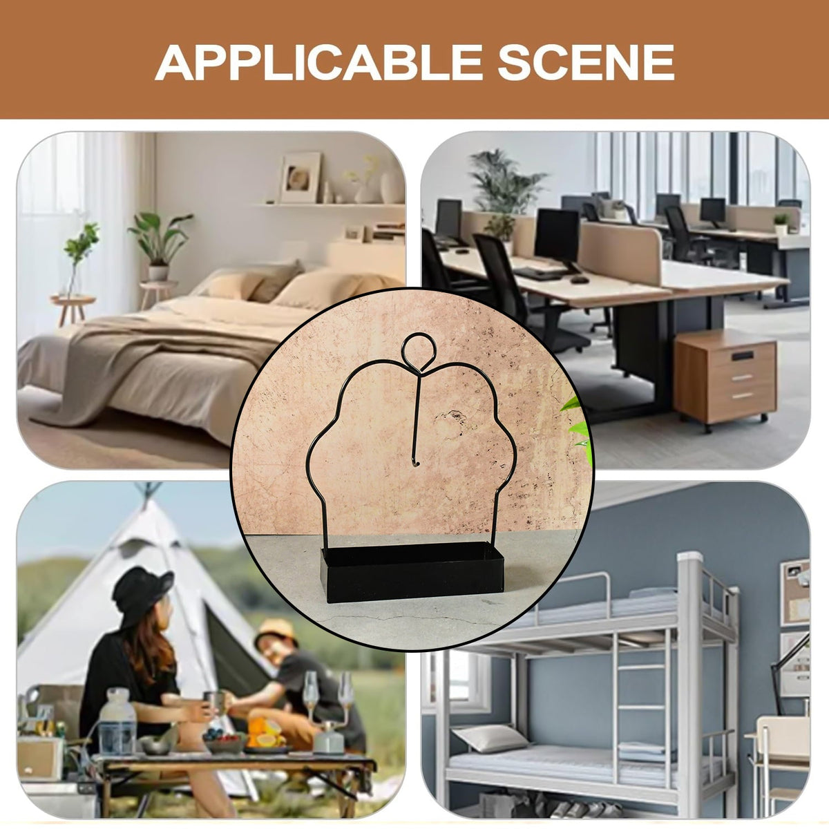 A collage showing the mosquito coil holder in various settings: bedroom, office, camping, and bunk room.
