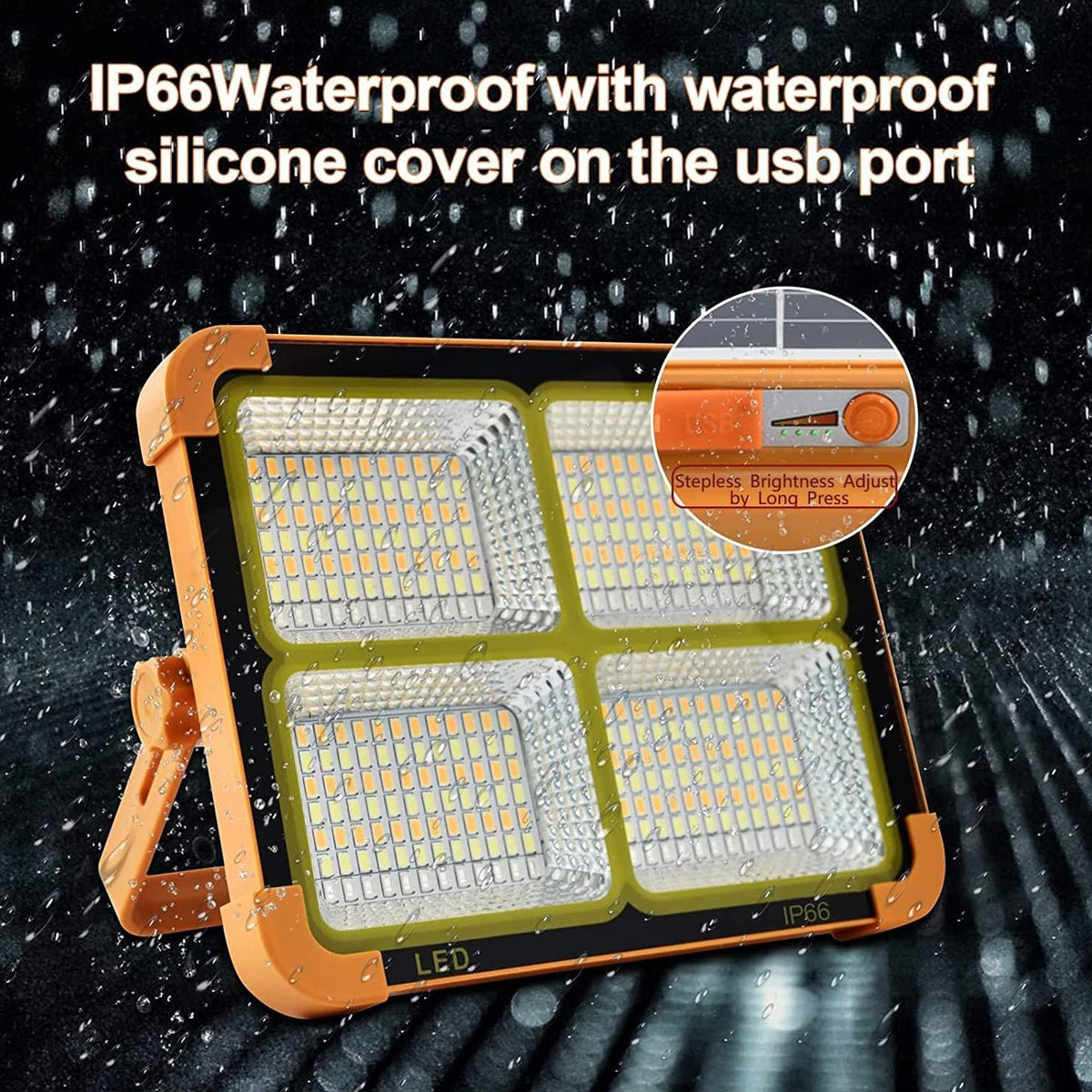 Orange and black solar LED flood light with four bright panels, highlighting its waterproof feature in a water-splashed