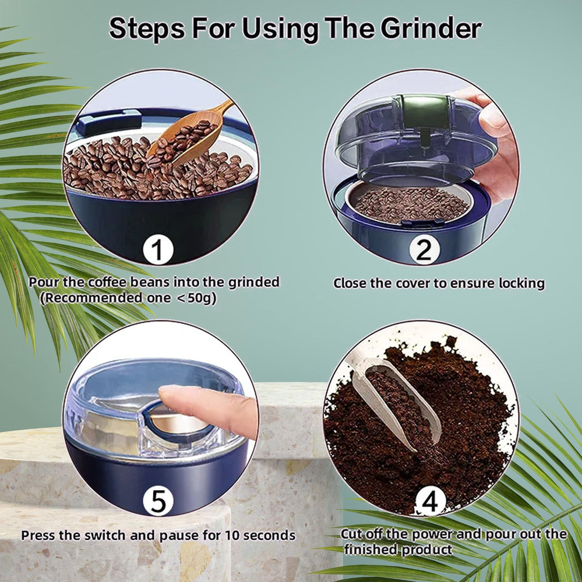 An infographic shows four steps for using the grinder, including adding coffee beans, closing the lid, pressing the switch,