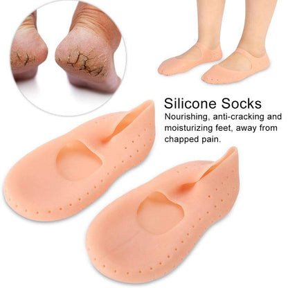 Two peach silicone heel socks with text describing them as nourishing, anti-cracking, and moisturizing.