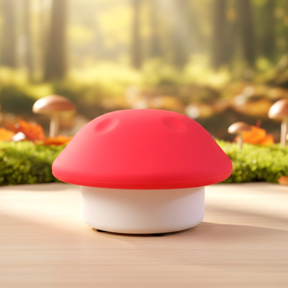 Red and white mushroom night light on a wooden table with a blurred forest background.