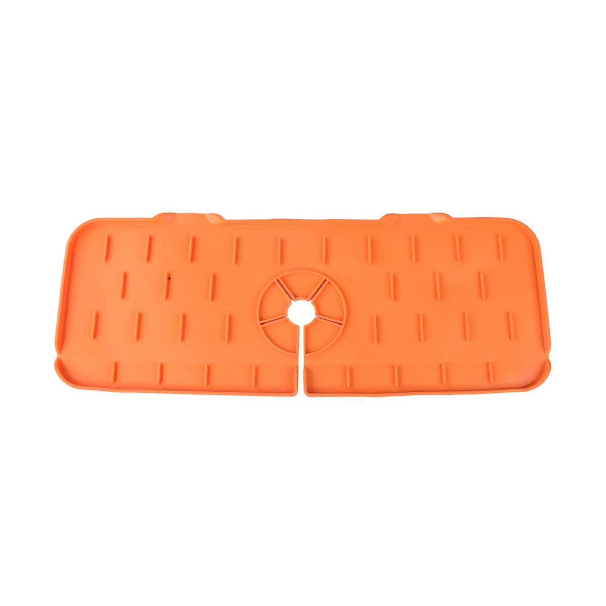Top-down view of a single orange silicone faucet splash guard with a central cut-out.