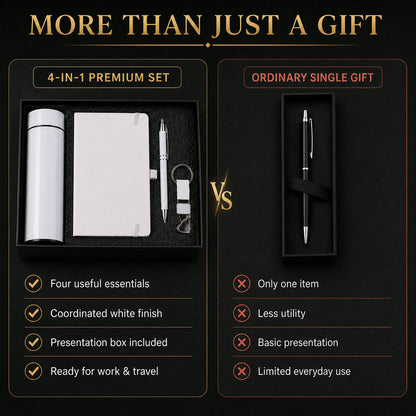 Comparison infographic of a 4-in-1 white gift set versus a single black pen in a box.