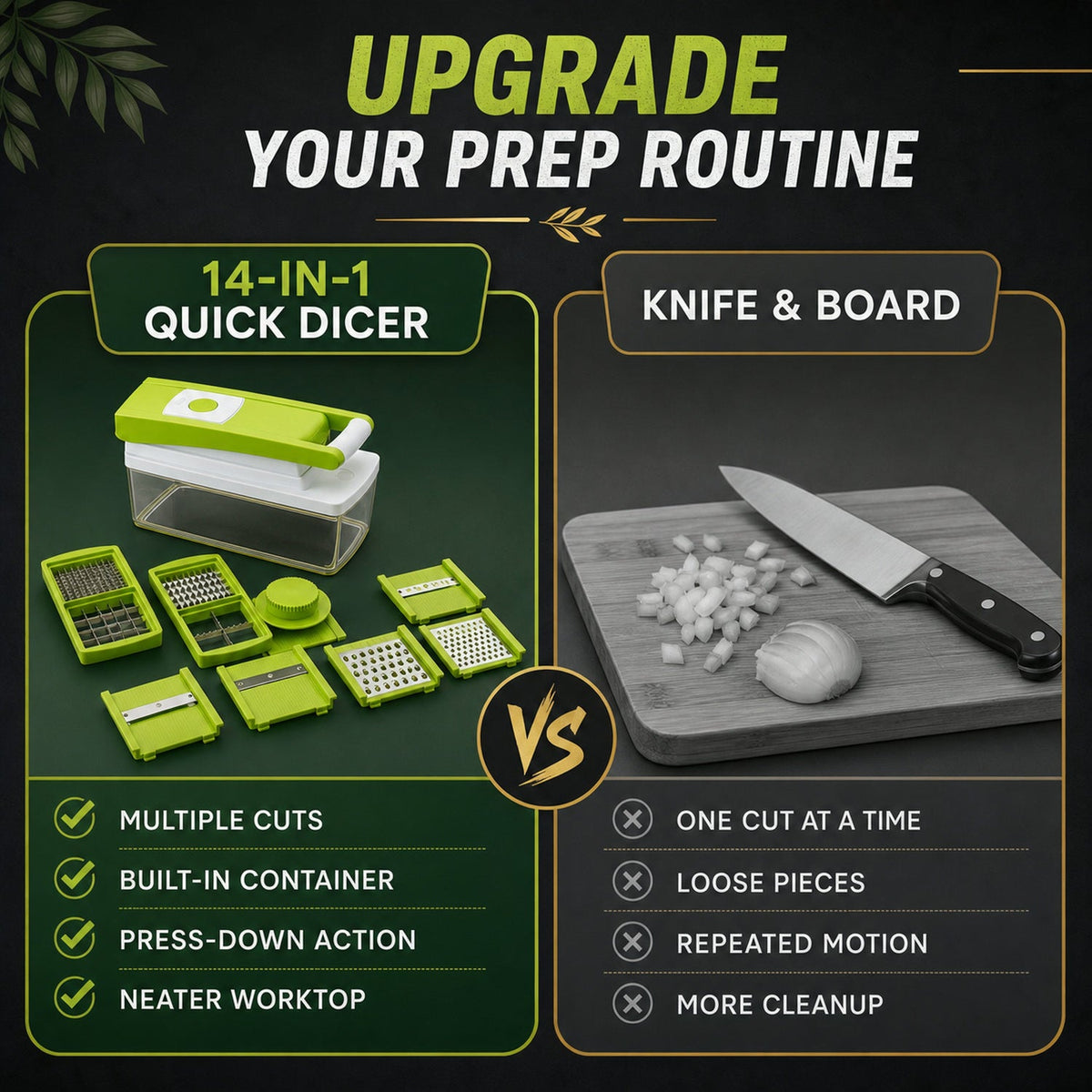A comparison graphic shows the 14-in-1 quick dicer with its components versus a knife and cutting board with chopped onions.