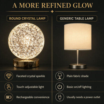 Round Crystal LED Table Lamp – Dimmable Touch & USB Rechargeable