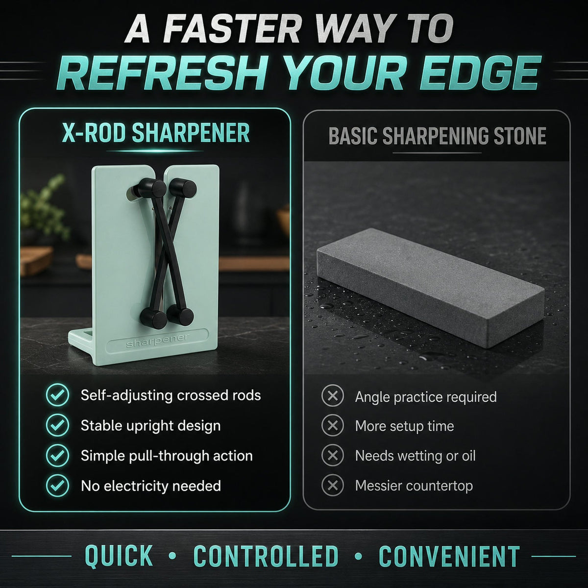 A comparison graphic showing the mint green X-rod sharpener versus a basic sharpening stone, highlighting benefits.