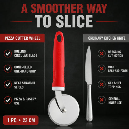 An infographic compares a red-handled pizza cutter wheel to an ordinary kitchen knife for slicing pizza.