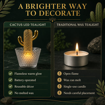 A comparison chart highlights the benefits of a cactus LED tealight versus a traditional wax tealight.