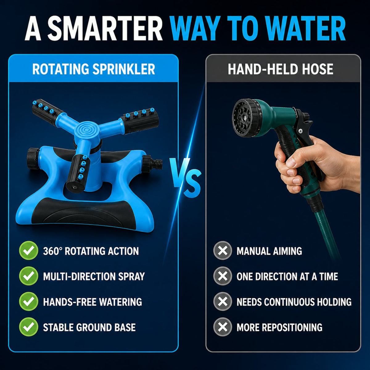 A comparison graphic showing the blue and black rotating sprinkler versus a hand-held hose, listing benefits.