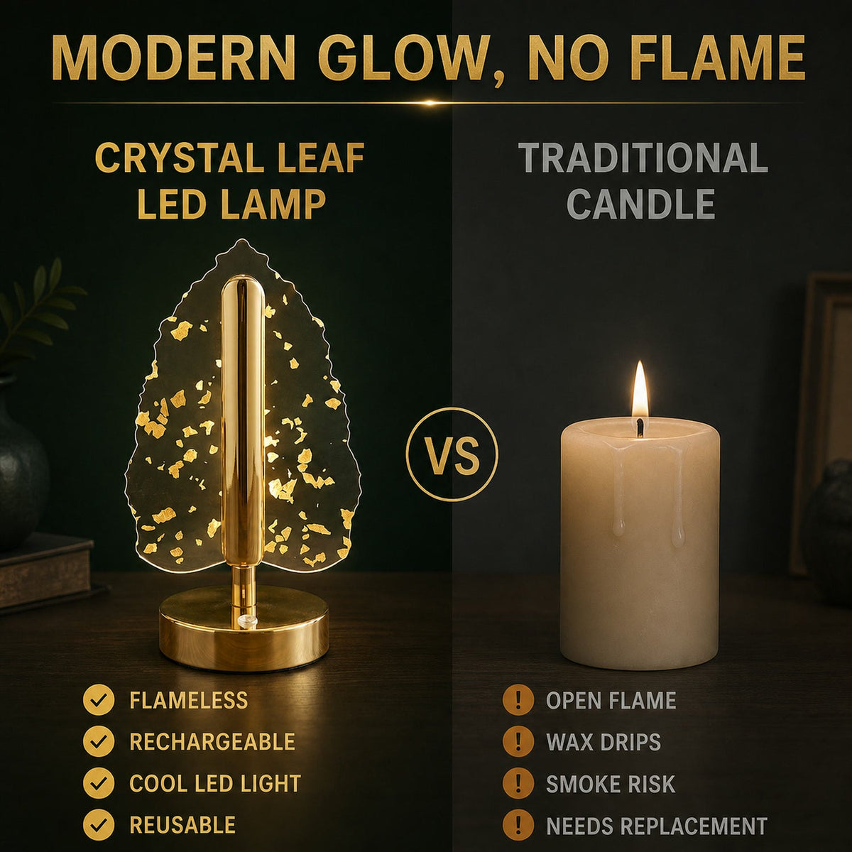 A comparison of the crystal leaf LED lamp on the left and a traditional candle on the right, highlighting features.