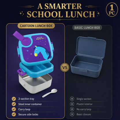 A comparison graphic of the blue and purple cartoon lunch box with a horse print and a basic dark blue lunch box, detailing