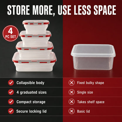 Infographic comparing four stacked collapsible containers with a single rigid container, highlighting space-saving features.
