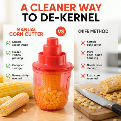 An infographic compares the manual red corn cutter to a knife method for de-kerneling, highlighting benefits and drawbacks.