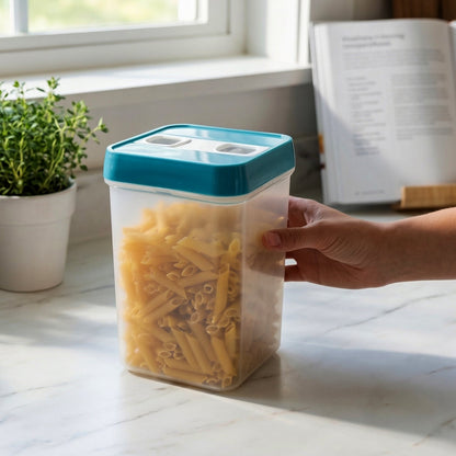 A hand holding a clear plastic food storage container with a teal lid, filled with penne pasta, on a marble countertop.