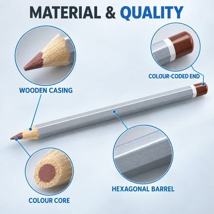 A single gray hexagonal pencil is shown with four circular insets detailing its wooden casing, color core, hexagonal barrel,