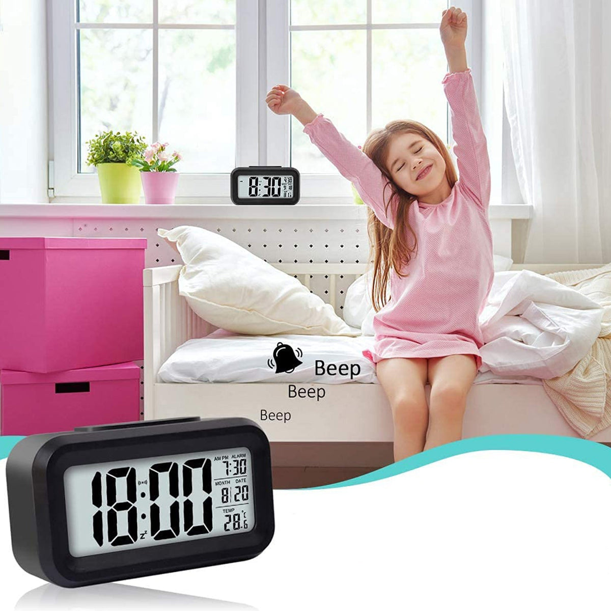 A black digital alarm clock displaying 8:30 AM on a windowsill, with a child stretching in bed, and an inset showing the