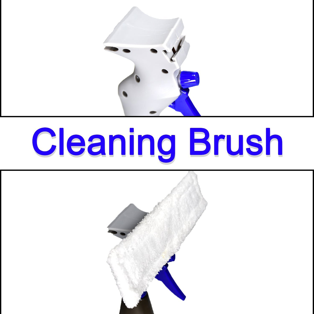 Top: The white and blue spray head. Bottom: The spray head with a white microfiber pad attached, labeled 'Cleaning Brush'.