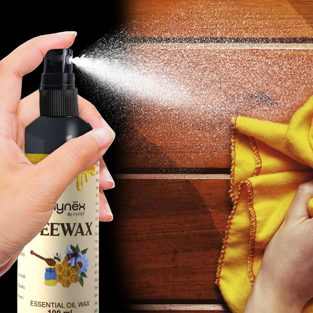A hand sprays beeswax polish onto a wooden surface, while another hand wipes it with a bright yellow cloth.
