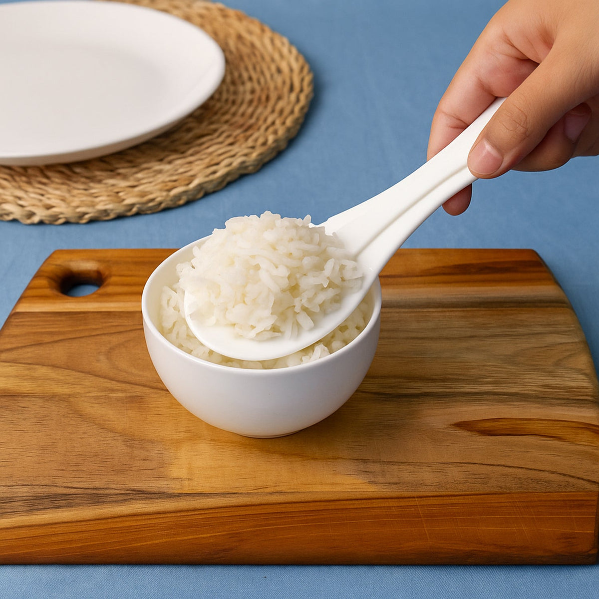 A hand holds a white rice paddle full of white rice over a small white bowl on a wooden cutting board.