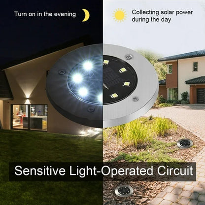 A split image showing a solar ground light illuminating a lawn at night and collecting solar power during the day in a