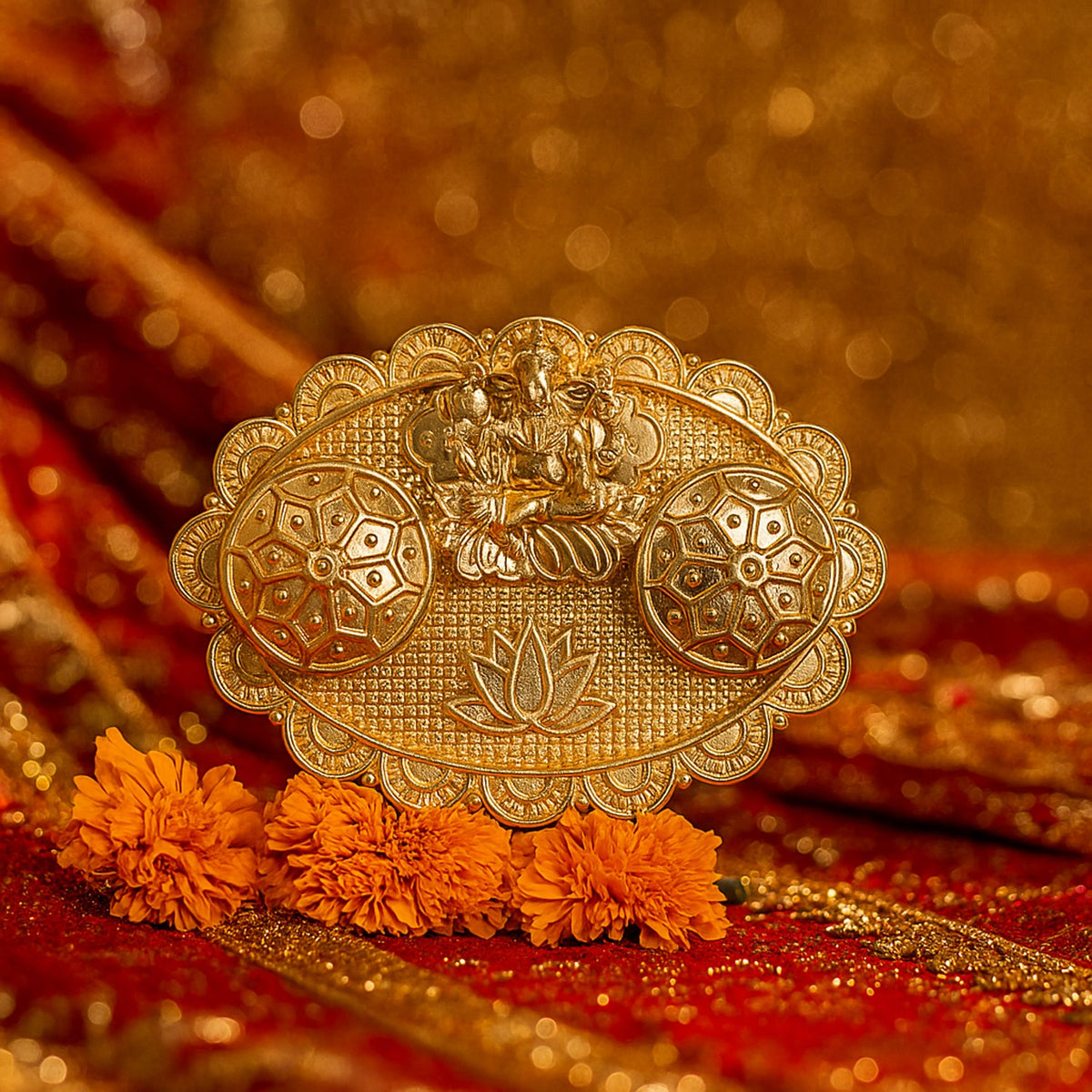 A gold-finished chopra with Ganesh and two ornate containers on a red and gold fabric, surrounded by orange marigold flowers.