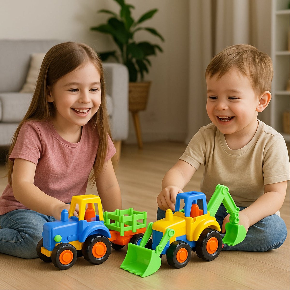 A boy and a girl playing on a wooden floor with blue and yellow plastic construction vehicle toys.