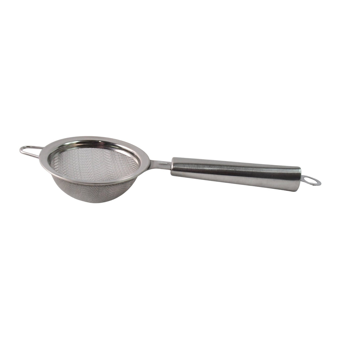 A stainless steel fine mesh strainer with a solid handle is shown isolated on a white background, highlighting its design.
