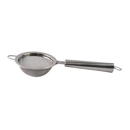A stainless steel fine mesh strainer with a solid handle is shown isolated on a white background, highlighting its design.