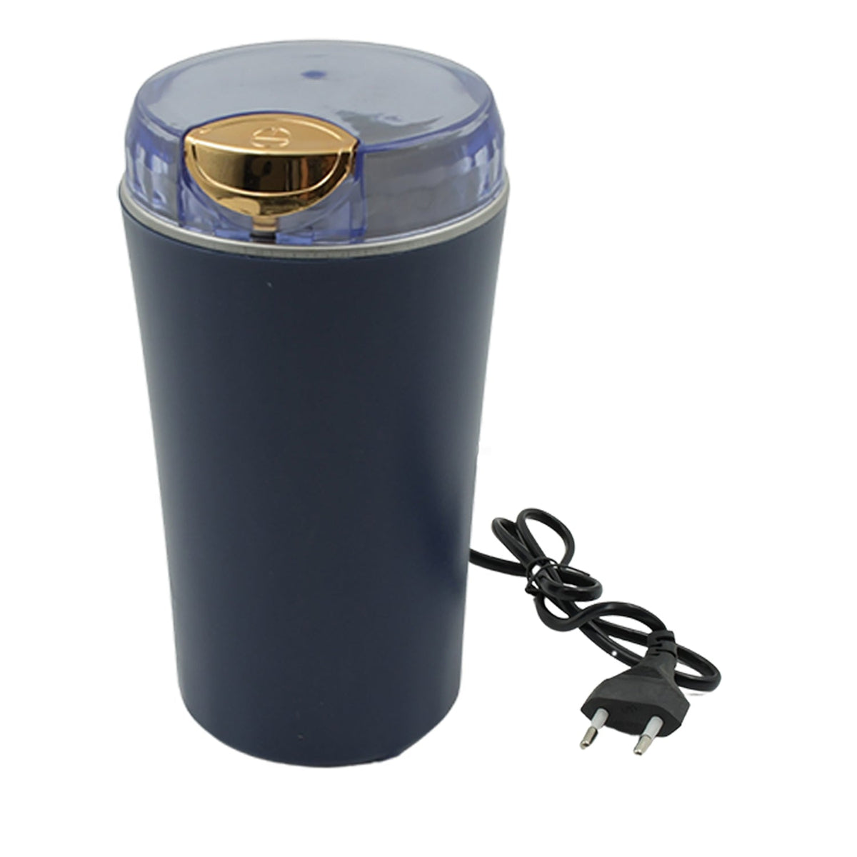 A dark blue electric grinder with a clear lid and gold accent is shown on a white background with its black power cord.