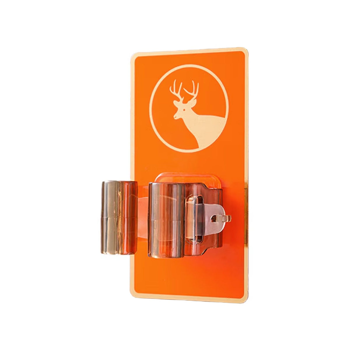 A close-up of the orange deer-themed wall-mounted holder with a transparent brown gripper, isolated on a white background.