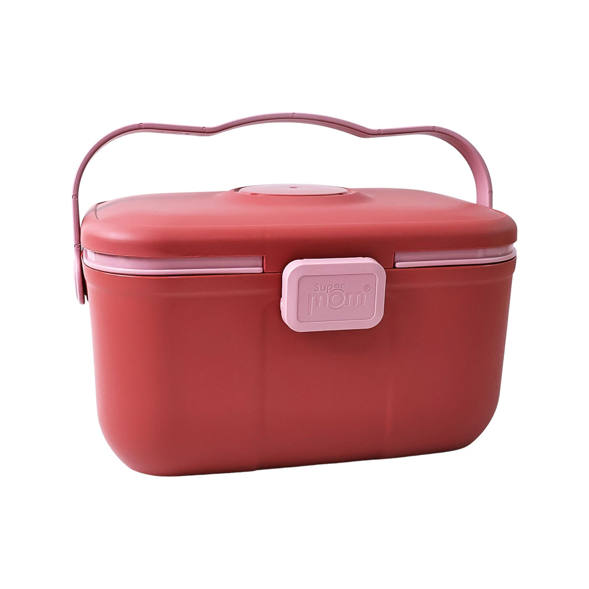 Closed red and pink plastic storage box with a wavy pink handle and 'Super Mom' clasp, on a white background.