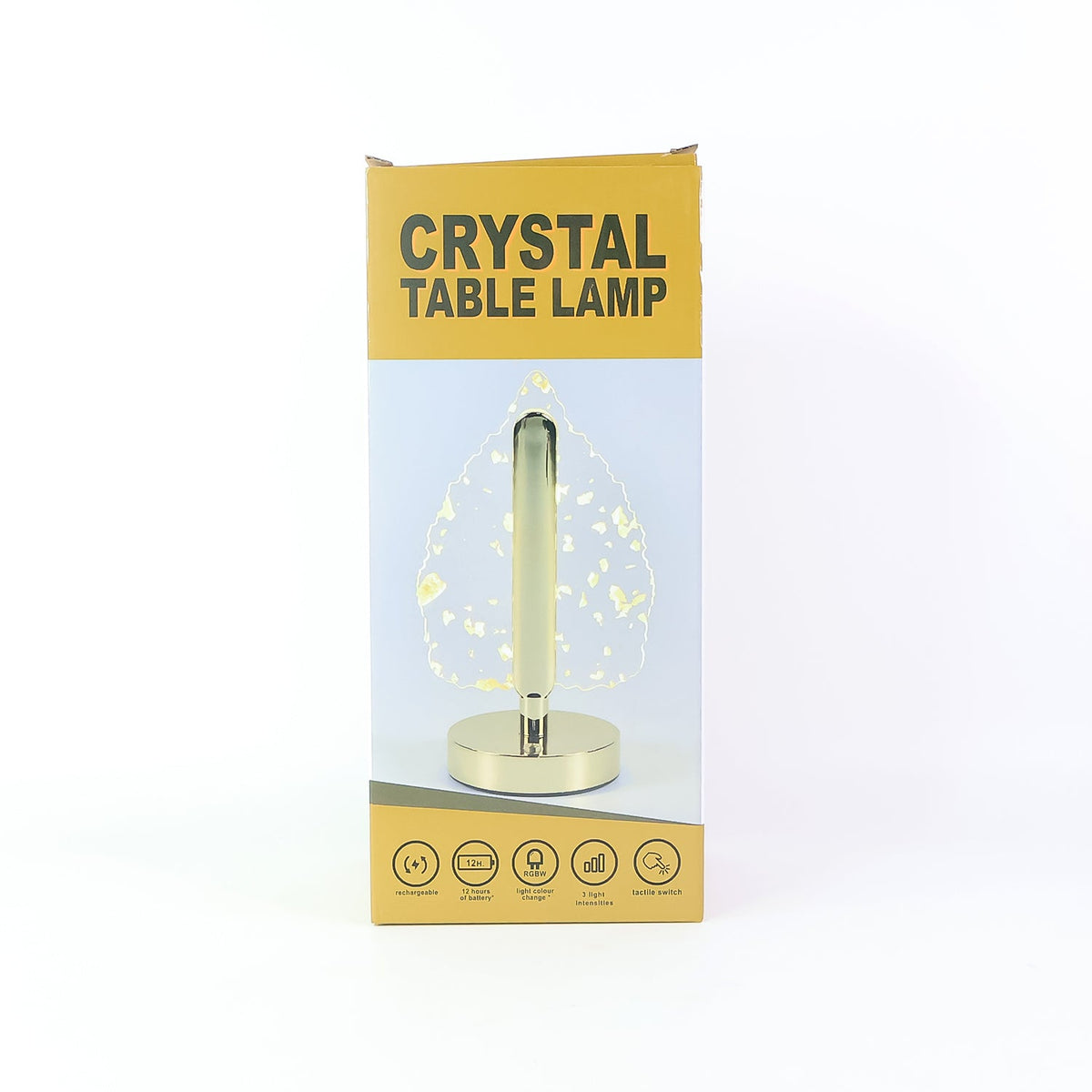 A tall, narrow product box for a "CRYSTAL TABLE LAMP" with a leaf-shaped lamp design on the front.