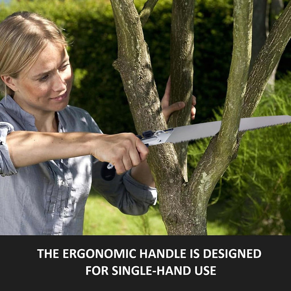 A woman uses a silver folding hand saw to prune a tree branch, with text 'THE ERGONOMIC HANDLE IS DESIGNED FOR SINGLE-HAND