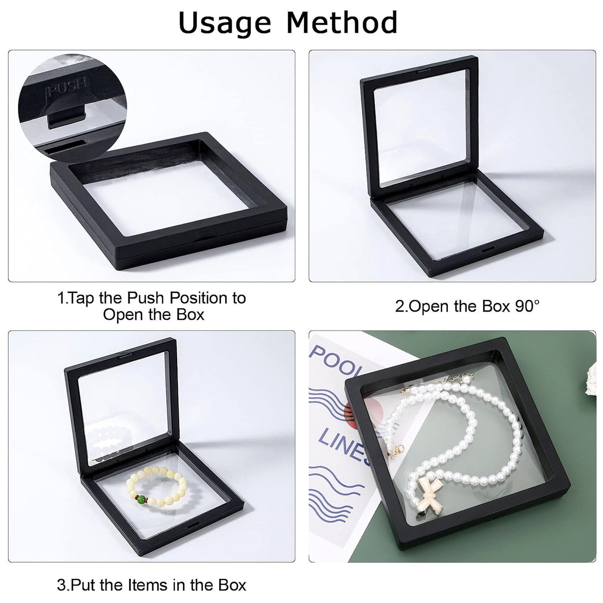 Four images demonstrating how to open the box, insert an item, and close it with a pearl bracelet.