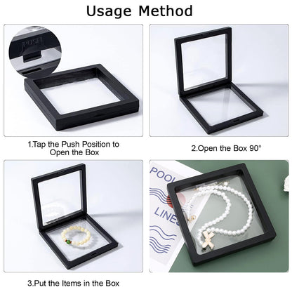 Four images demonstrating how to open the box, insert an item, and close it with a pearl bracelet.