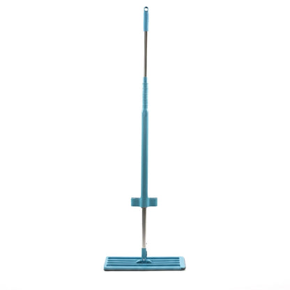 A full view of the blue and silver flat mop with a grey microfiber pad on a white background.