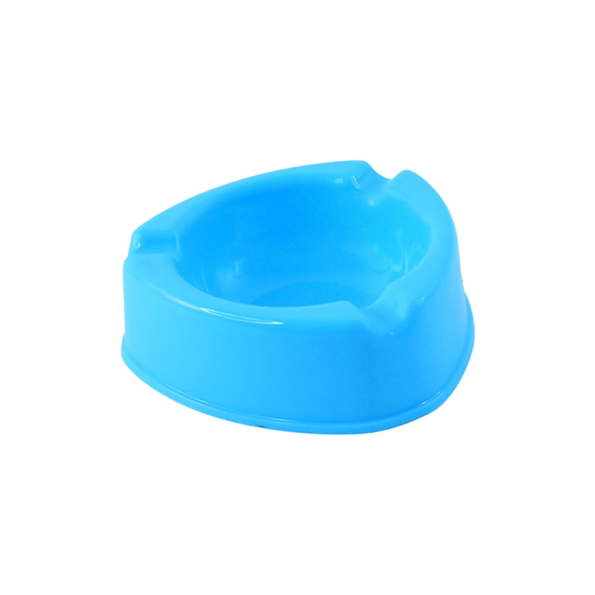 A simple blue plastic ashtray with a triangular shape is shown on a white background.