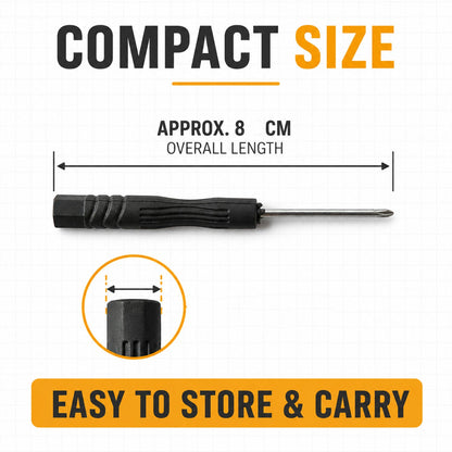 A black and silver mini screwdriver with a textured grip is shown with measurements indicating an 8 cm overall length.