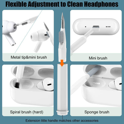 Four insets demonstrating headphone cleaning with a metal tip, mini brush, spiral brush, and sponge brush.